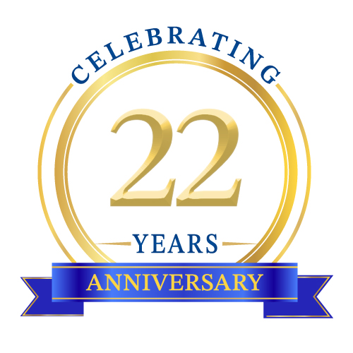 Celebrating 22 yrs of experience badge with gold and blue design