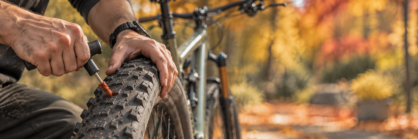 A person repairing a bicycle tire on an autumn trail