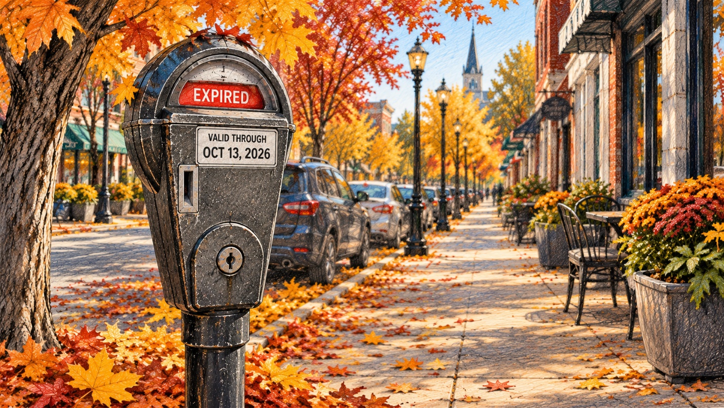 Expired parking meter marked valid through October 13, 2026 on an autumn street